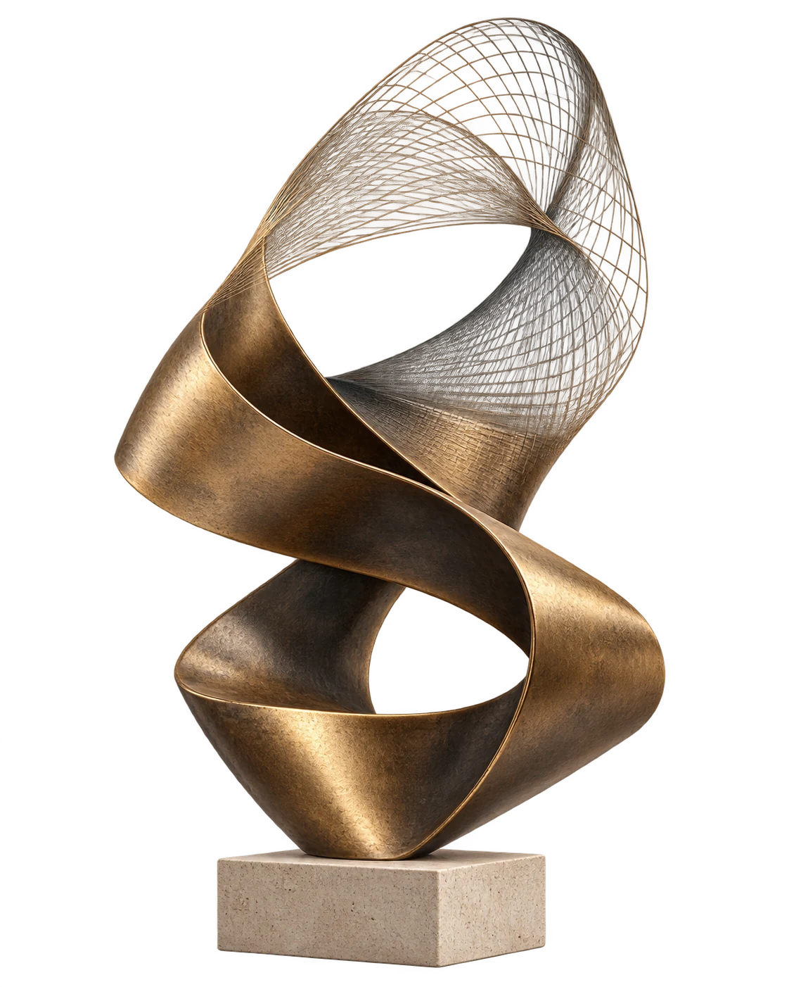 Conceptual bronze ribbon sculpture transitioning into a fine CAD wireframe